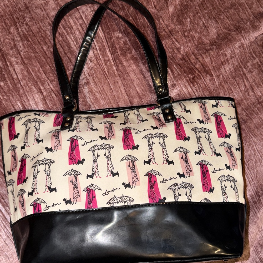 Lulu Cream and Black Tote with Pink Accents - Picture 2 of 7